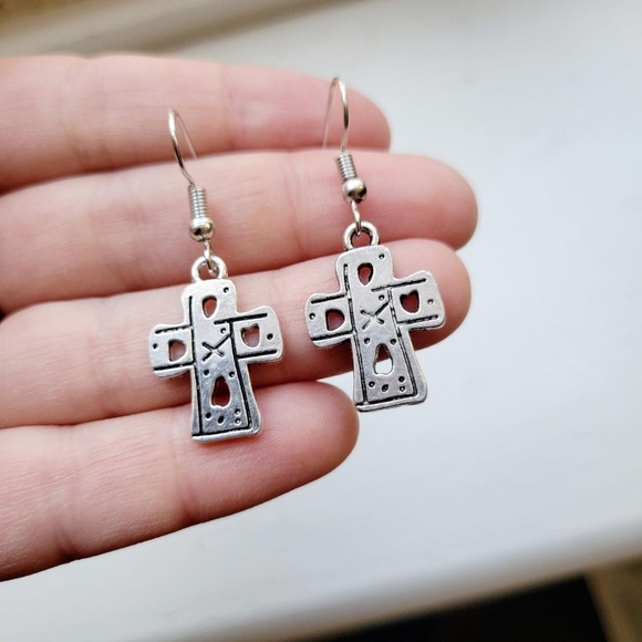 Pair of Silver Tic Tac Toe Cross Drop Hook Earrings - Picture 3 of 8
